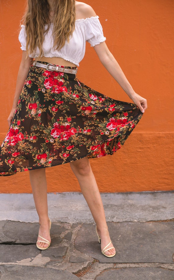 Chic Black Floral Rose Print Summer Skirt - Sheer 