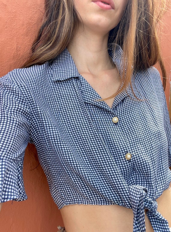 Vintage gingham cropped summer blouse, Knot tie s… - image 5