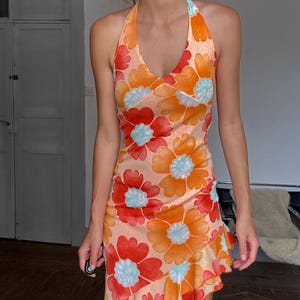 Y2K Floral Halter Dress  Vintage 2000s Ruffle Hem Mini in Groovy Orange  Print, Stretchy Asymmetrical Summer Dress - Etsy
