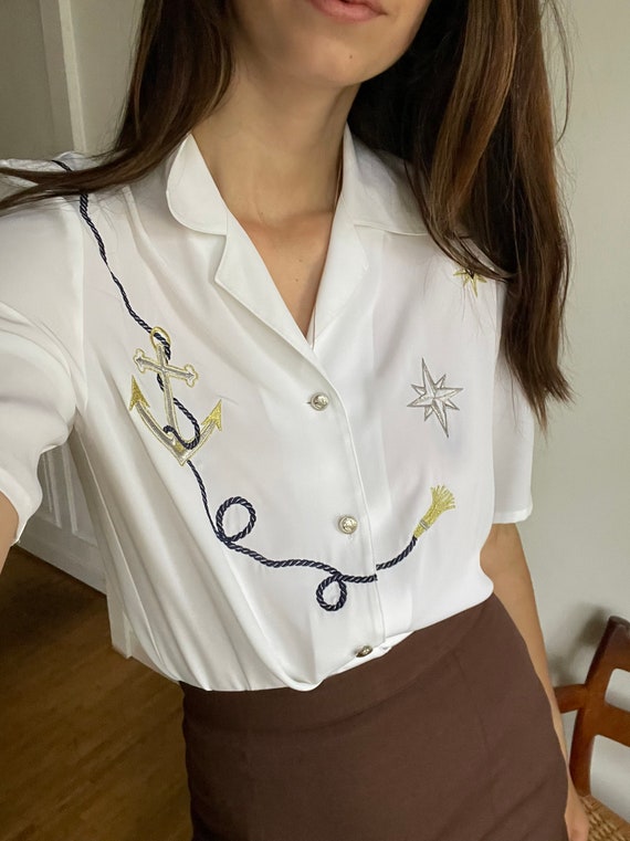 White Sailor vintage woman blouse, Maritime theme… - image 1
