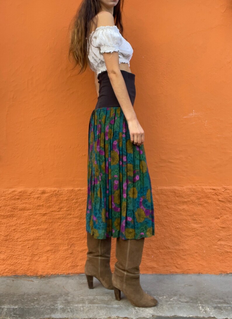 Vintage Multipurpose skirt and dress, Colourful true retro maxi skirt. Green purple elastic skirt with flower print, High waist summer skirt image 5