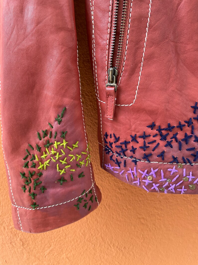 Red leather biker jacket, Hippie boho embroidered leather jacket by Sominemi, Vintage designer jacket image 8