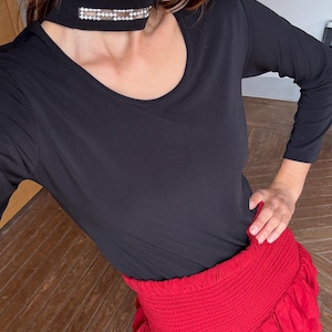 Y2K Vera Finzzi Paris Black Top – Vintage Choker Strap Blouse, French Designer, Made in France, Long Sleeve Minimalist Party Top Size S/M