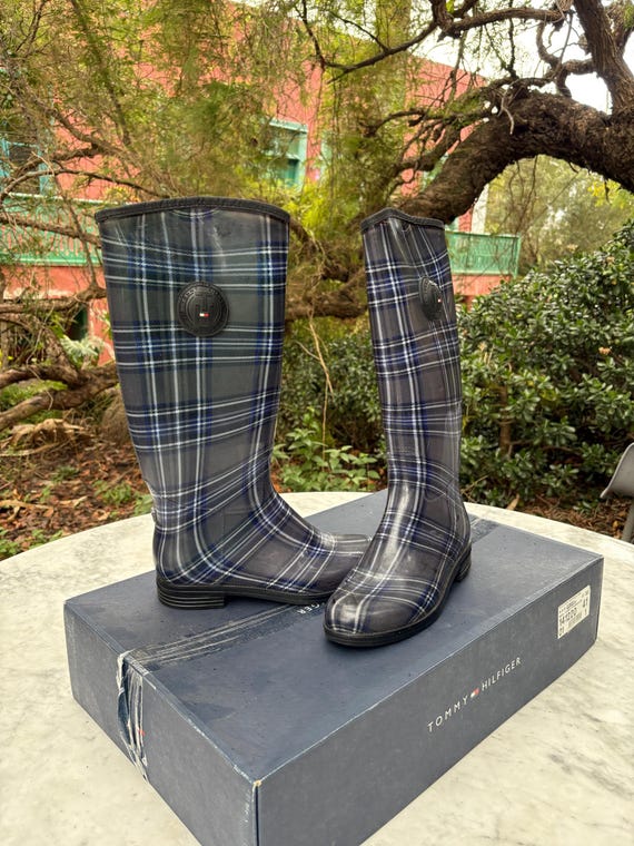 Tommy Hilfiger, Tommy Hilfiger Plaid Rain Boots, Vintage Blue Wellies