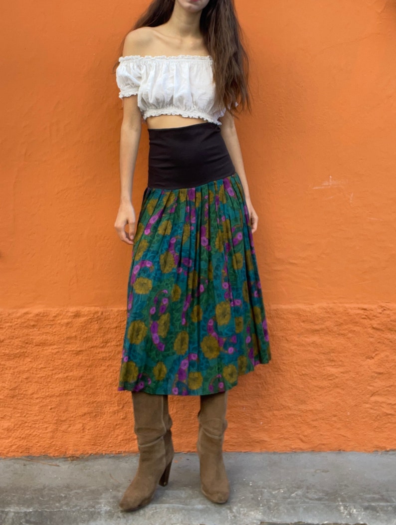 Vintage Multipurpose skirt and dress, Colourful true retro maxi skirt. Green purple elastic skirt with flower print, High waist summer skirt image 4