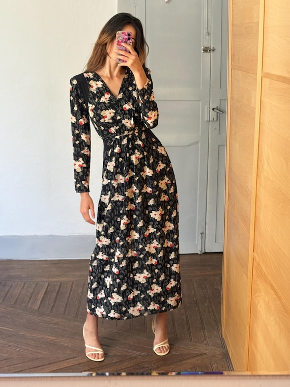 Vintage Hoss Intropia Floral Maxi Dress With Padded Shoulders \u0026 Hourglass  Silhouette