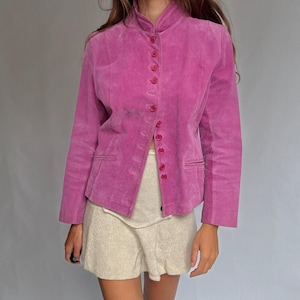 Vintage Pink Suede Jacket – Real Leather 90s Blazer Style with Mandarin Collar, Size L, Soft Retro Festival Statement Piece