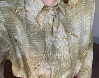 Vintage Green Bow Tie Blouse, 60s Retro Top