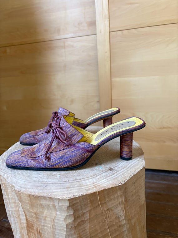 靴 y2k Curve Mule Shoes Muxart Barcelona Y2K Mule Heels, Purple Copper Woven Look, EU 39