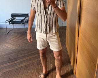 Shorts vintage Caroche tamanho 33 W38 L47 em jeans bege, estilo cargo, para uso masculino, modelagem skatista dos anos 90, utilitário Y2K.