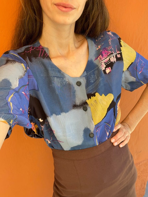 Vintage 80s abstract clothing, Women's blouse wit… - image 1