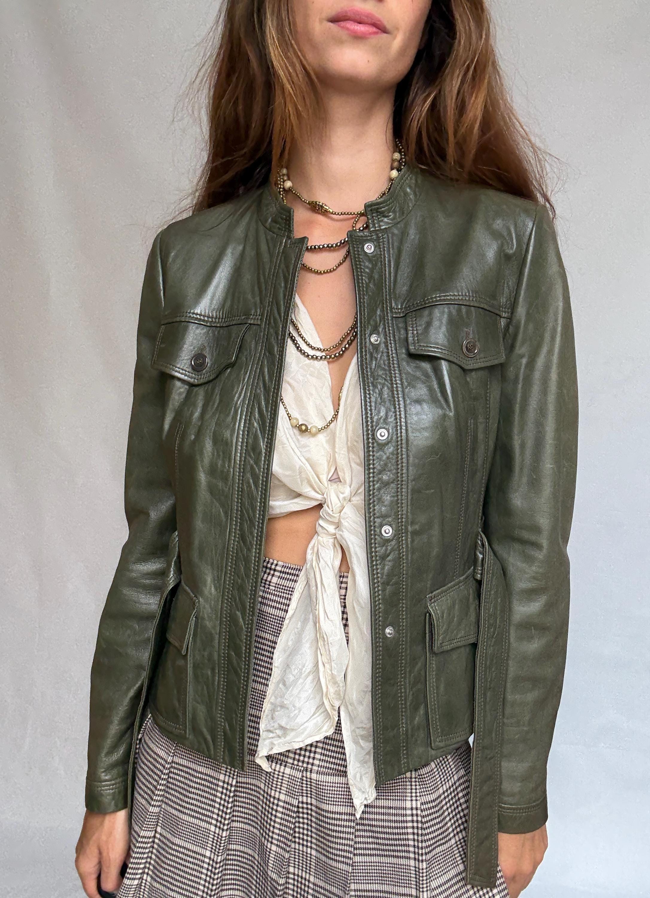 Vintage Hugo Boss Olive Green Leather Jacket | Belted Moto