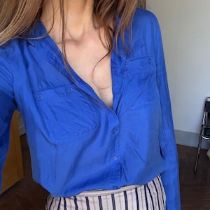 Vintage 100 % mulberry silk vibrant cobalt blue woman blouse, Massimo Dutti long sleeve feminine shirt, Size M