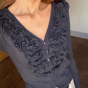 Merino wool cashmere cardigan with ruffle detail | Elegant vintage knit top | Size S | Soft warm luxury layering staple
