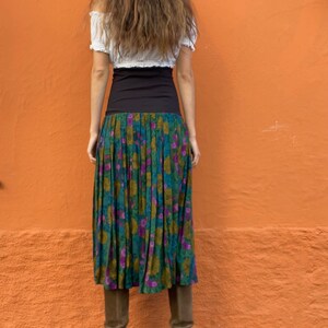 Vintage Multipurpose skirt and dress, Colourful true retro maxi skirt. Green purple elastic skirt with flower print, High waist summer skirt image 6