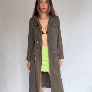Heavy dark denim trench coat with double breasted front – long sturdy fit, unlined raw inside, fits like US XL letter size, preppy goth edge