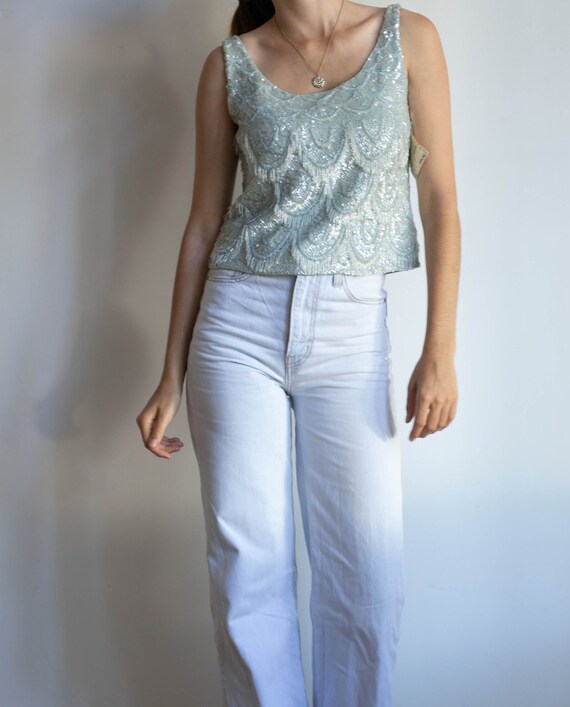 Vintage sequin top in light blue. disco camisole,