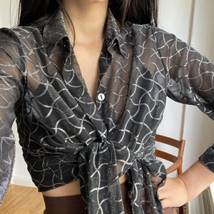 Vintage black see through woman blouse, Sheer black blouse with silver detailing, Retro glitter women blouse, Couture Punk shirt,