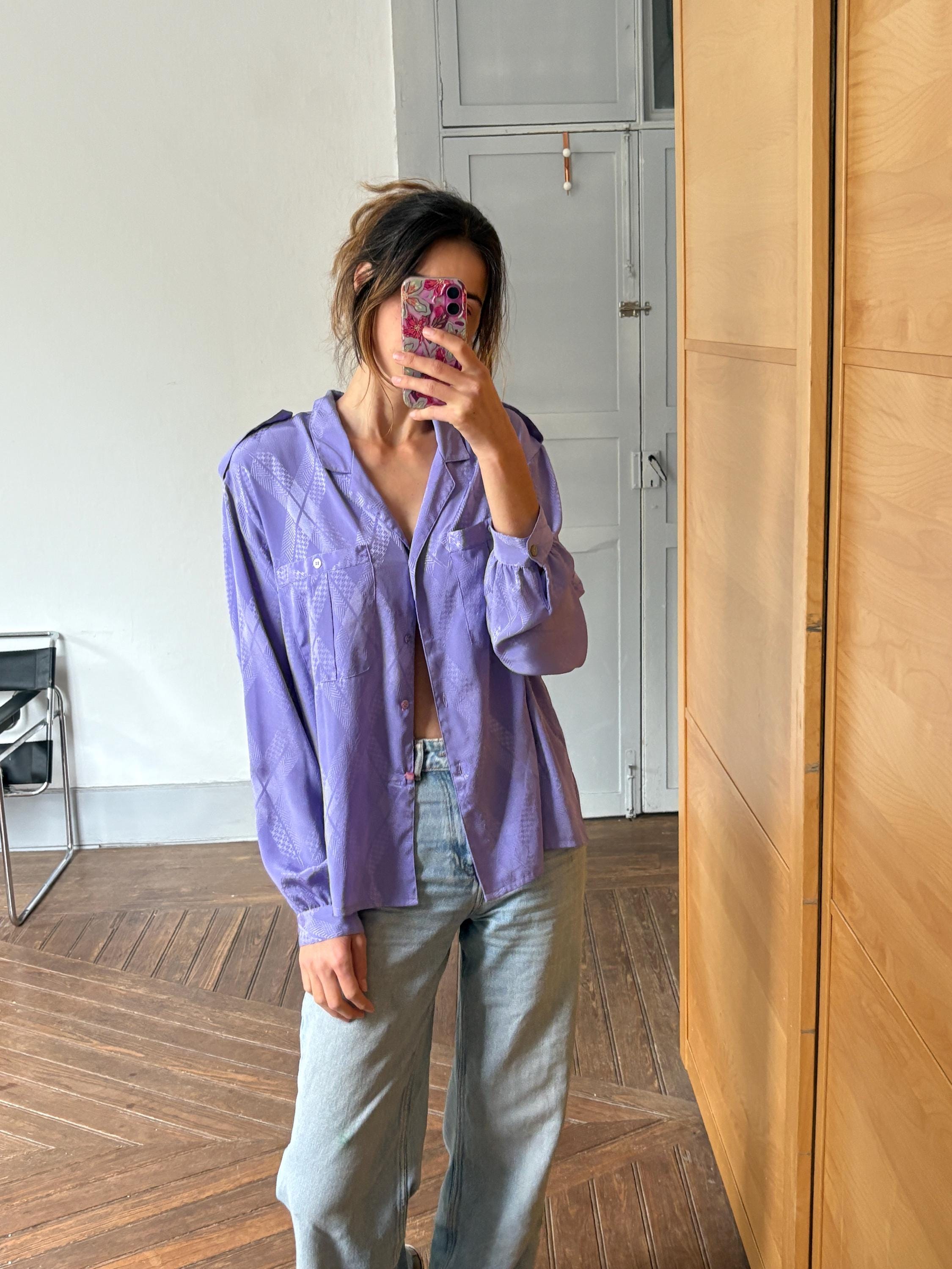 Vintage Satin-Like Purple Button-Down Shirt – Y2K Oversized & Elegant