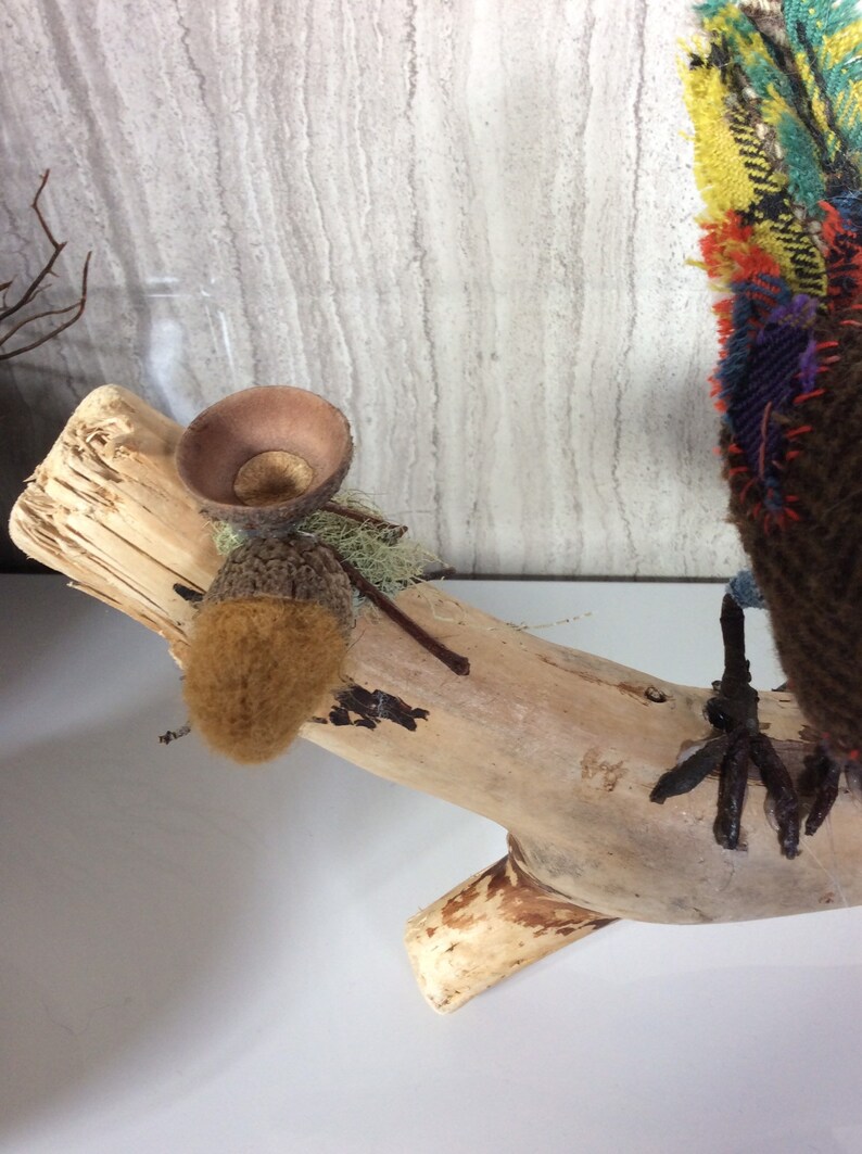 tweed,patchwork plaid driftwood artist fabric bird handmade soft sculpture Two hand stitched birds songbirds tartan OOAK
