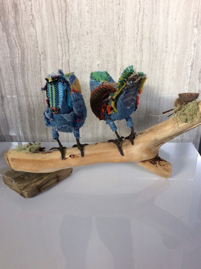 tweed,patchwork plaid driftwood artist fabric bird handmade soft sculpture Two hand stitched birds songbirds tartan OOAK