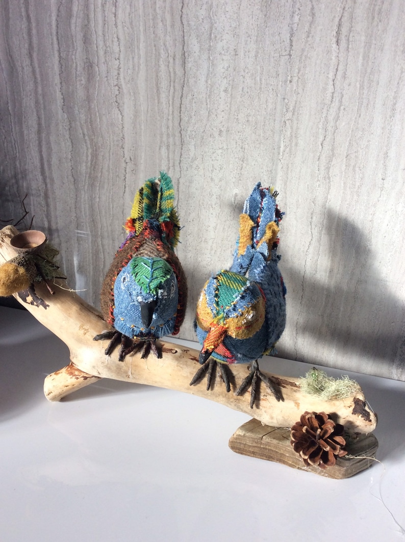 tweed,patchwork plaid driftwood artist fabric bird handmade soft sculpture Two hand stitched birds songbirds tartan OOAK