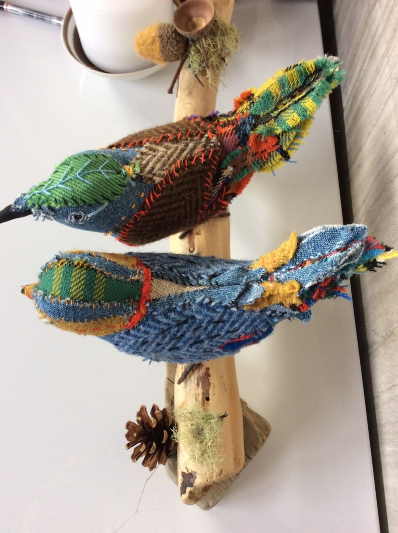 tweed,patchwork plaid driftwood artist fabric bird handmade soft sculpture Two hand stitched birds songbirds tartan OOAK
