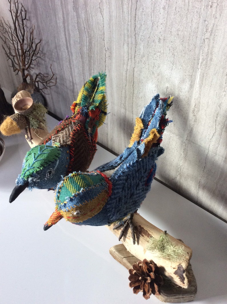 tweed,patchwork plaid driftwood artist fabric bird handmade soft sculpture Two hand stitched birds songbirds tartan OOAK