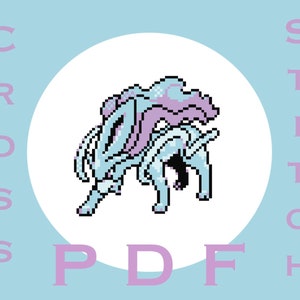 Könnte beinhalten: Kreuzstich-Muster PDF mit einer blauen und violetten, pixelartigen Fabelwesen mit einer fließenden Mähne. Das Muster ist mit "CROSS STITCH PDF" betitelt.