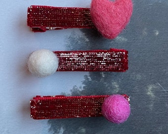 Valentine’s hair clip set red sparkle Pom Pom heart