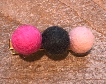 Pom pom hair clip bright pink charcoal and peach