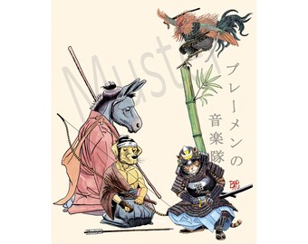 The Bremen Town Musicians as Samurai, postcard set consisting of 5 picture cards and a text card with pattern print