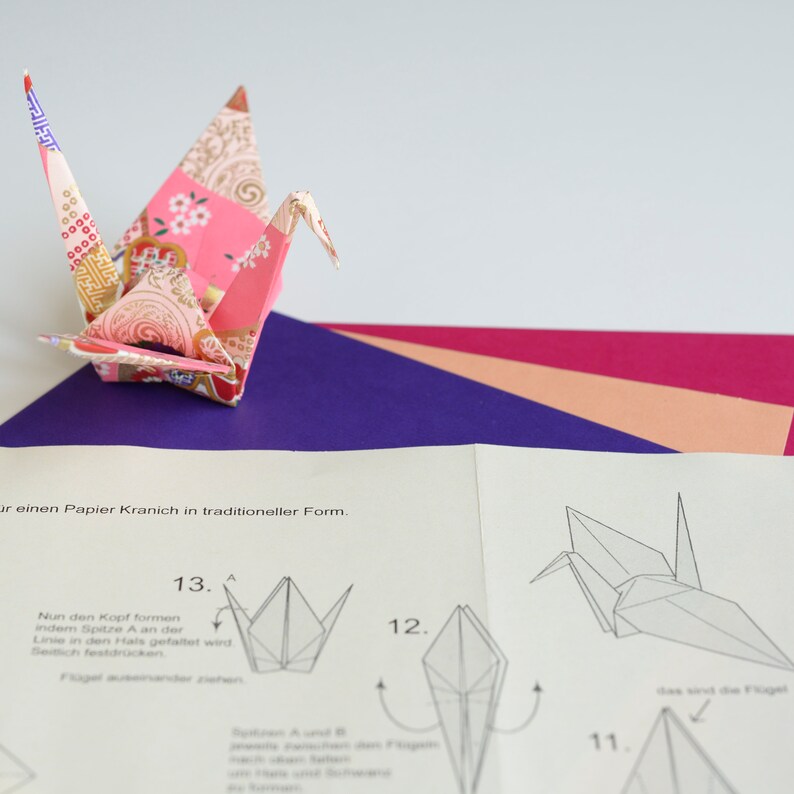 Origami Kranich mit Anleitung Papierkranich Glücksbringer Etsy
