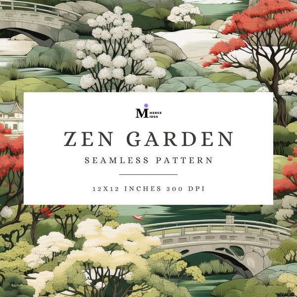 Zen Garden Seamless Pattern, Japanese Pattern Paper, Bonsai Tree Seamless Wallpaper, Japanese Garden, Forest Wallpaper, National Park Poster