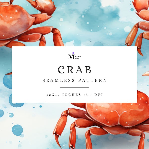 Crab Seamless Pattern, Nautical Pattern, Sea Animals, Watercolor Crab Digital Paper, Summer Sea Printable Paper, Vintage Crab Wrapping Paper