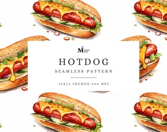 Patrón sin costuras de perrito caliente, papel digital de comida rápida, comida chatarra, perrito caliente y mostaza, papel de comida americana, papel tapiz sin costuras de comida en acuarela