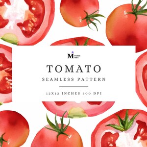 May include: A seamless pattern featuring watercolor illustrations of red tomatoes. The pattern includes whole tomatoes, tomato slices, and tomato halves. The pattern is 12x12 inches and 300 DPI.