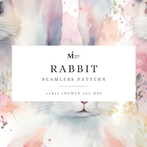 May include: A seamless pattern featuring a watercolor illustration of a white rabbit with pink and blue floral accents. The pattern is 12x12 inches and 300 DPI.