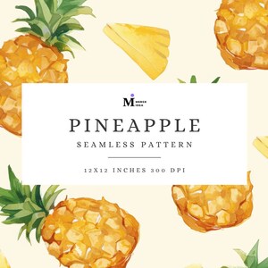 Peut inclure: Un motif sans couture avec des illustrations d'ananas et de tranches d'ananas peintes à l'aquarelle. Le motif mesure 12x12 pouces et 300 DPI.