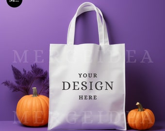 Maqueta de bolso de mano blanco, maqueta de Halloween púrpura, maqueta de bolso de mano de lona, maqueta de bolsa de compras, bolso de hombro de lona, maqueta digital de bolso de moda