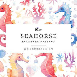 Seahorse Seamless Pattern, Coral Reef Digital Paper, Starfish Underwater, Tropical Summer, Ocean Seamless, Watercolor Sea Repeatable Pattern