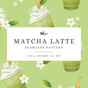 Könnte beinhalten: Ein nahtloses Muster mit grünen Matcha-Latte-Getränken mit Schlagsahne und Strohhalmen, umgeben von weißen Blüten und grünen Blättern auf hellgrünem Hintergrund. Der Text "MATCHA LATTE" und "SEAMLESS PATTERN" ist in schwarzer Schrift auf einem weißen Rechteck dargestellt. Der Text "12X12 INCHES 300 DPI" ist in schwarzer Schrift auf einem weißen Rechteck dargestellt.