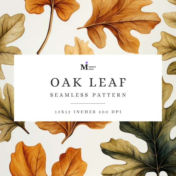 Oak Leaf Seamless Pattern, Autumn Oak Digital Paper, Oak Leaves Pattern, Vintage Oak Seamless Pattern, Fallen Oak Seamless for Commercial