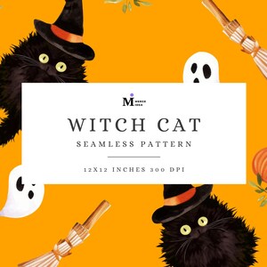 Witch Cat Seamless Pattern, Black Cat Halloween Digital Paper, Spooky ...