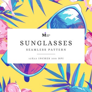 Op de afbeelding: Een naadloos patroon met blauwe zonnebrillen met een tropische palmboomreflectie in de glazen. De achtergrond is felgeel met roze hibiscusbloemen en blauwe en paarse tropische bladeren. De tekst "Sunglasses Seamless Pattern 12x12 inches 300 DPI" wordt weergegeven op een wit rechthoek.