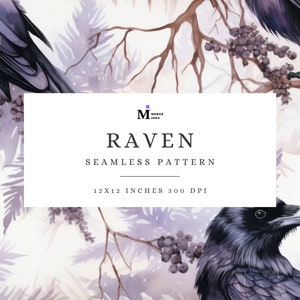 Op de afbeelding: Een naadloos patroon met aquarel illustraties van raven die op takken zitten met paarse bessen. Het patroon is 12x12 inch en 300 DPI.