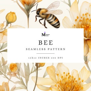 Bee Digital Paper, Watercolor Bee Seamless Pattern, Bee Baby Shower Print, Wild Flower Pattern, Spring Seamless Wallpaper, Queen Bee Pattern