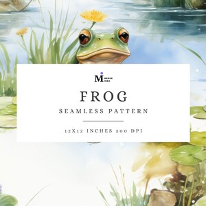 Könnte beinhalten: Ein nahtloses Muster mit einem grünen Frosch, der auf einem Seerosenblatt in einem Teich sitzt. Das Muster ist 12x12 Zoll groß und hat 300 DPI.