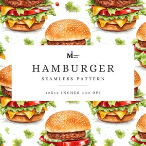 Hamburger Seamless Pattern, Watercolor Hamburger Digital Paper, Hamburger Wallpaper, Fast Food Pattern, Retro Cheese Burger Fabric Printing