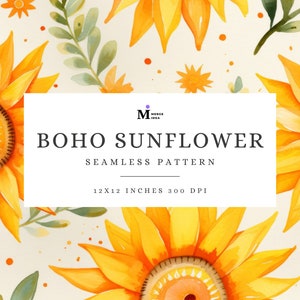 Könnte beinhalten: Ein nahtloses Muster mit Aquarell-Sonnenblumen mit gelben Blütenblättern und braunen Zentren. Der Hintergrund ist hellbeige mit kleinen orangefarbenen und grünen Punkten. Der Text "BOHO SUNFLOWER SEAMLESS PATTERN 12X12 INCHES 300 DPI" wird auf einem weißen Rechteck angezeigt.